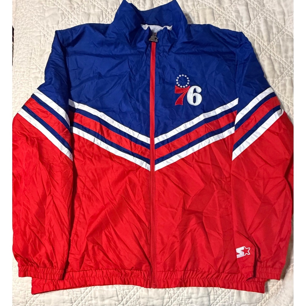 Starter Philadelphia 76ers NBA Windbreaker Jacket Mens XL Red Blue Ripstop Zip